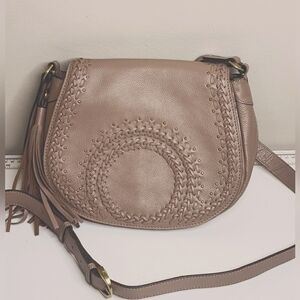 OrYany leather flap shoulder bag purse braided woven mauve taupe tassle